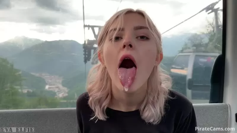 Teen swallows loads of cum on a cable car public blowjob Eva Elfie  